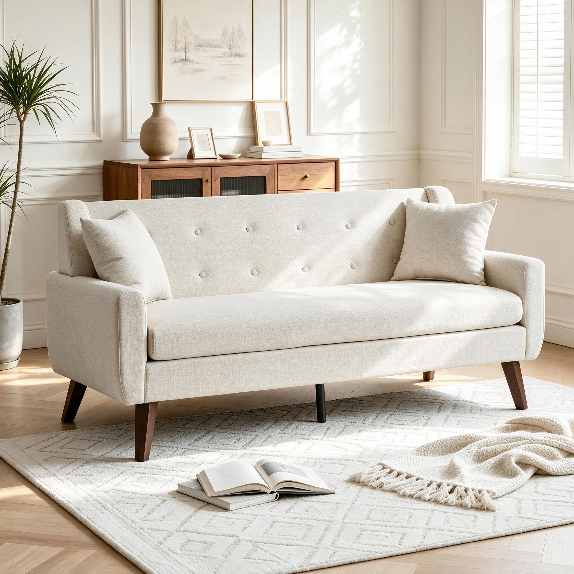 63" Cotton Linen Upholstered Tufted Cushion Loveseat Sofa