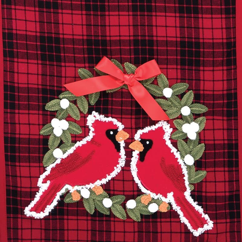 72" x 13" Christmas Holiday Red Cardinal with Wreath Red & Black Plaid Cotton Table Runner