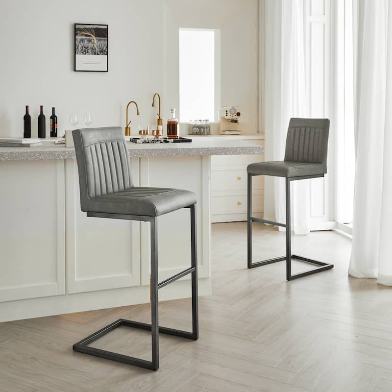 Set of 2 Gray Faux Leather Bar Stools, Padded Seat with Black Metal Frame, Counter Height