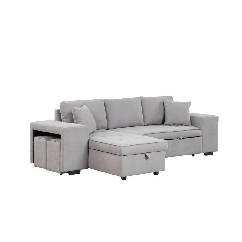 104.5" Linen L-Shaped Sectional Sofa Bed with Stools
