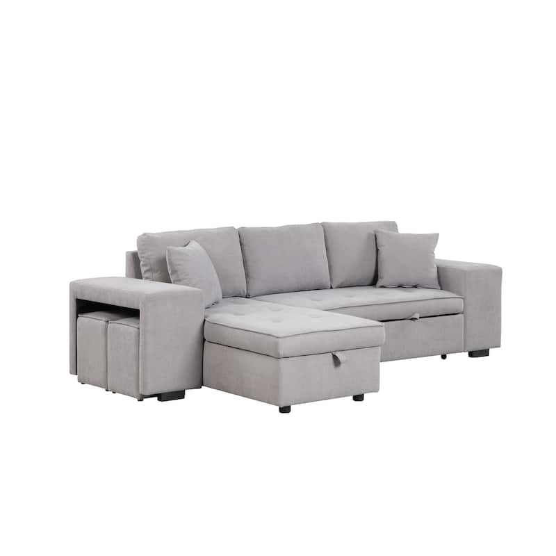 Grey 104.5" Charcoal L-Shaped 3-Seater Convertible Sofa with Pull-Out Bed, Storage Chaise, and 2 Convenient Stools