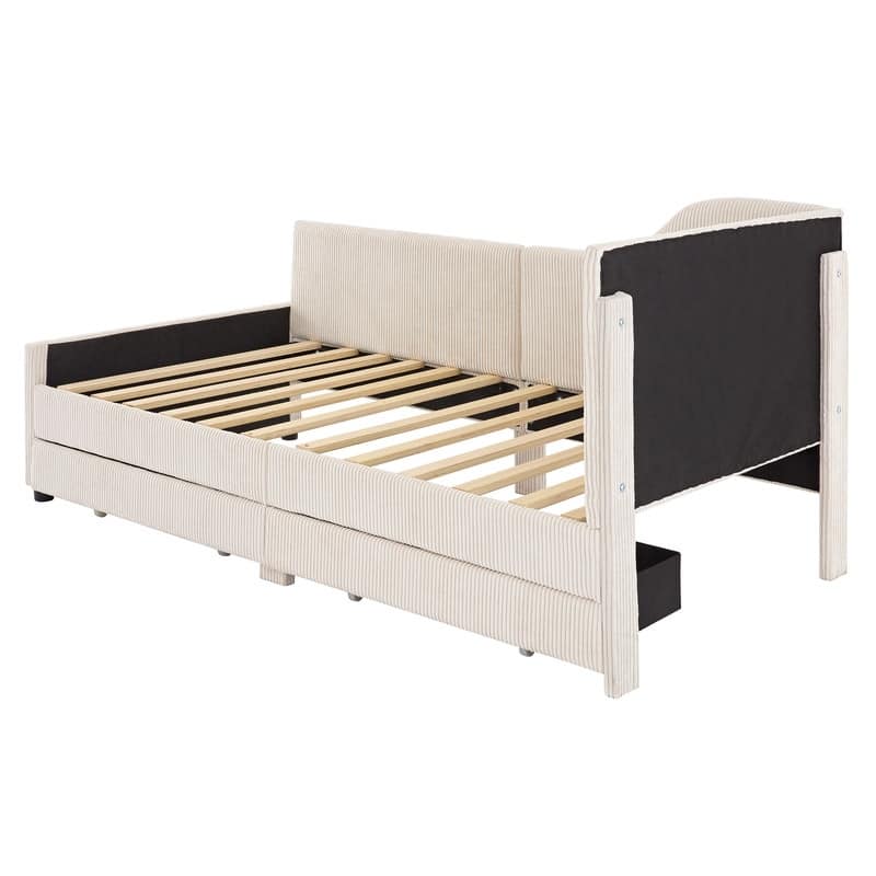L-Shaped Corduroy Upholstered Daybed with 2 Storage Drawers