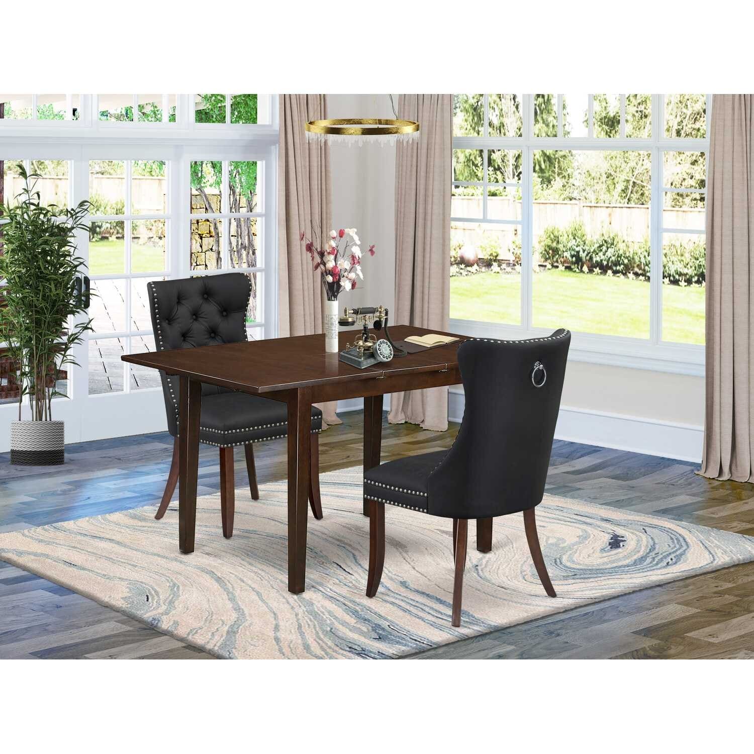 HomeStock 3-Pc Mahogany Finish Rectangular Solid Wood Top With Butterfly Leaf Dining Table Set