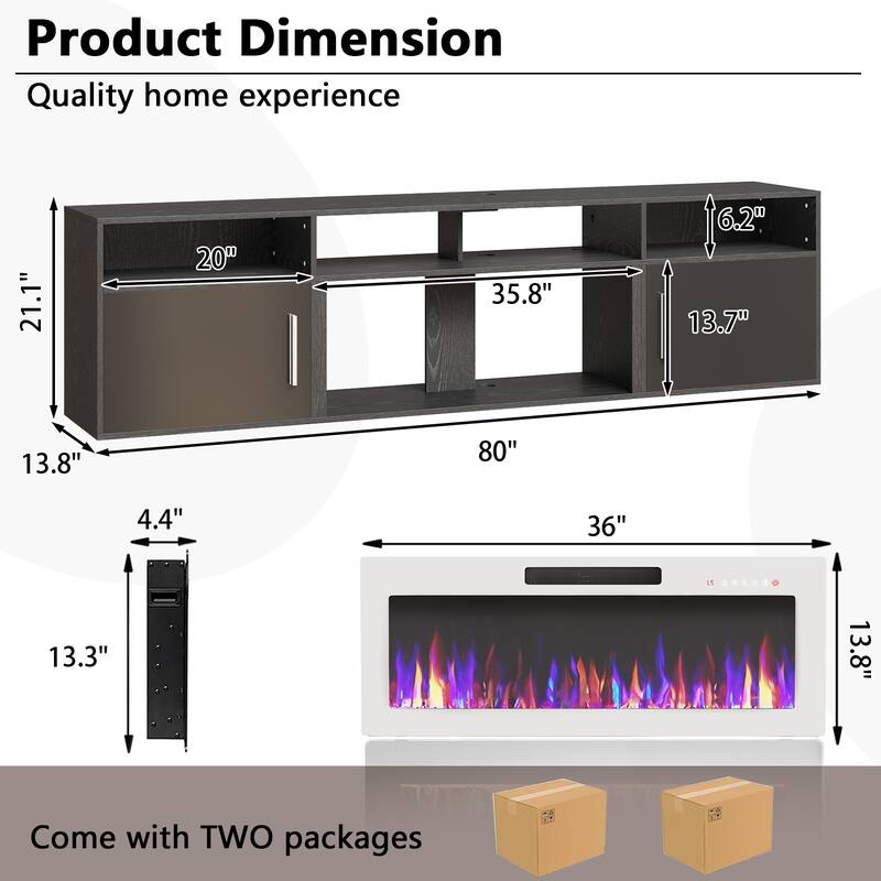 BOSSIN 80" Floating TV Stand with 36" Electric Fireplace, High Gloss Finish Wall Mounted Fireplace TV Stand with Storage