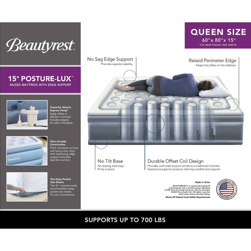 Beautyrest Posture Lux 15 in. Air Mattress with External Pump - Inflatable Bed with Comfort Coil Support