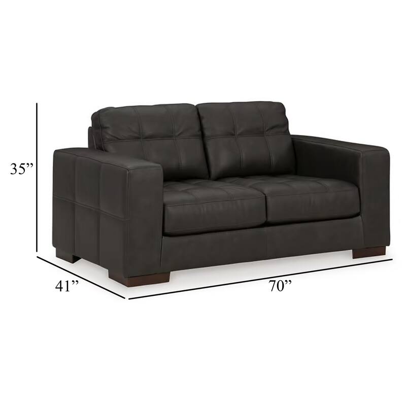 Lenie Loveseat, Block Stitched Dark Gray Real and Faux Leather 70 Inch