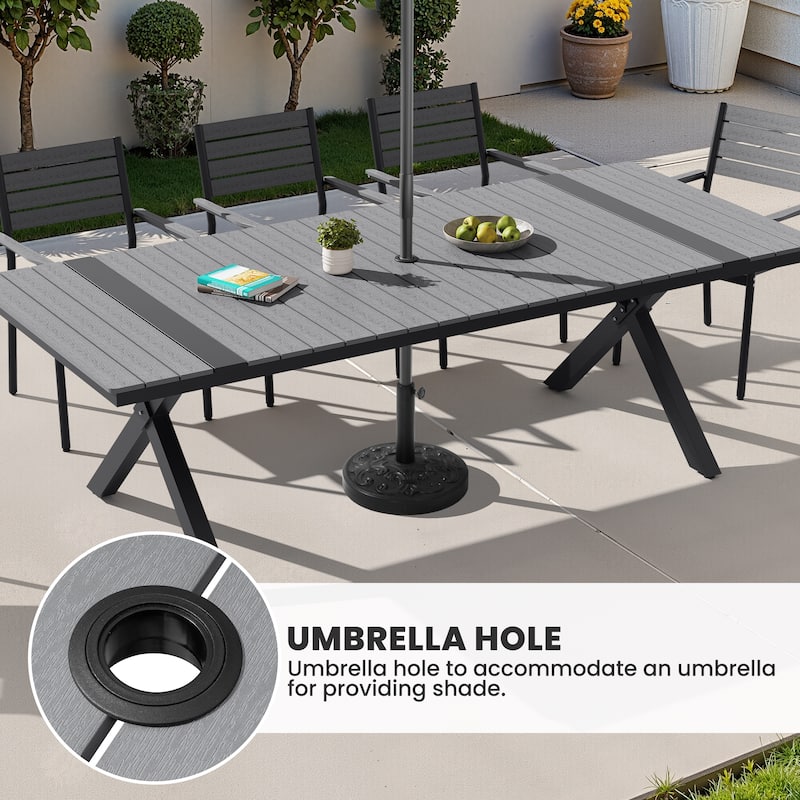 11/13-Piece Outdoor Dining Set Aluminum Rectangular Table with Umbrella Hole and Stackable Chairs