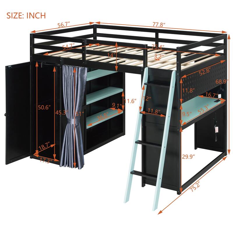Multifunction Full Loft Bed with Workstation Desk, Wardrobe Storage and Shelves by Harper&Bright Designs