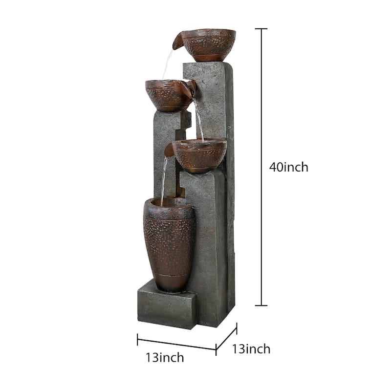 40" H Pots Modern Outdoor Water Fountains with LED Decor for Patio