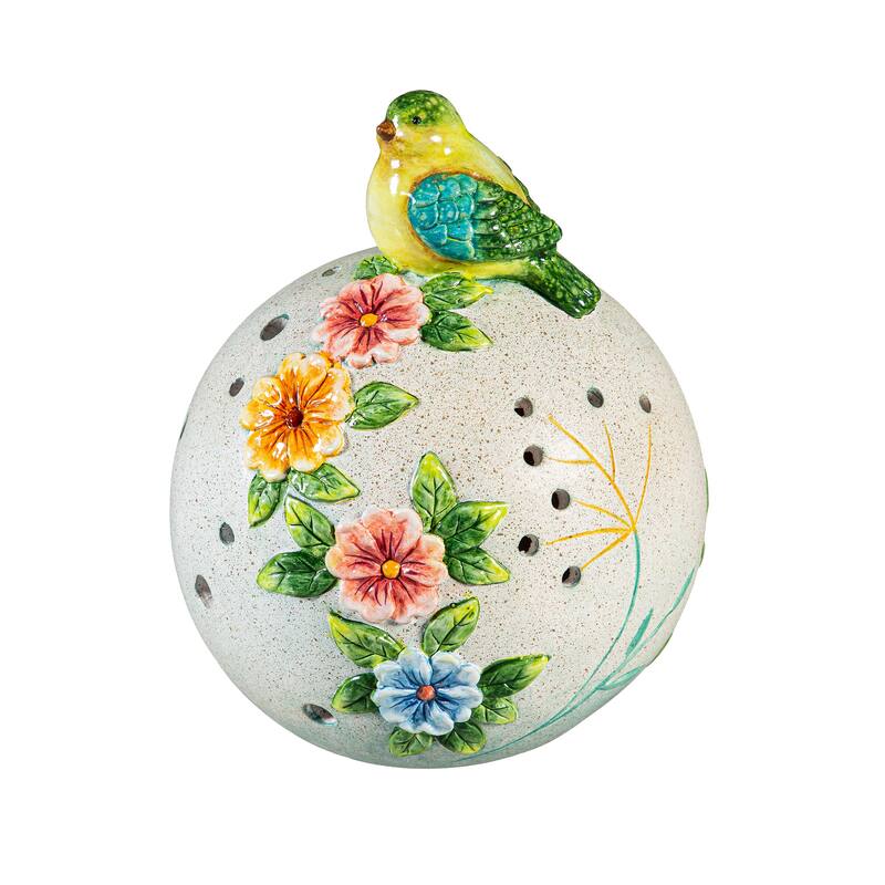 Solar Bird Sitting On Floral Orb Statue, 8"H