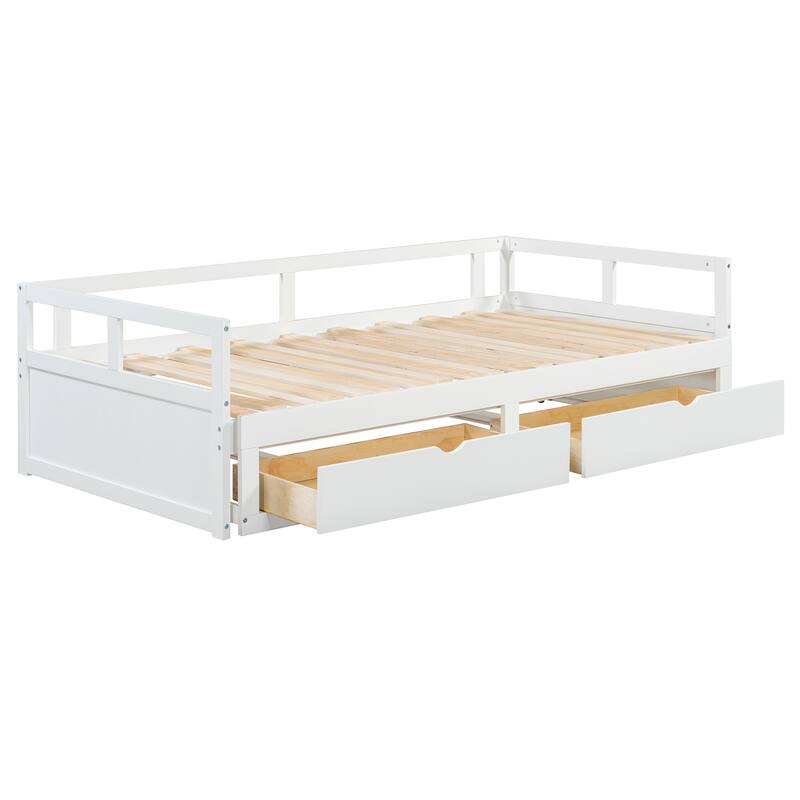 Pine Wood Daybed with Pull-Out Trundle and Two Storage Drawers, Twin to King