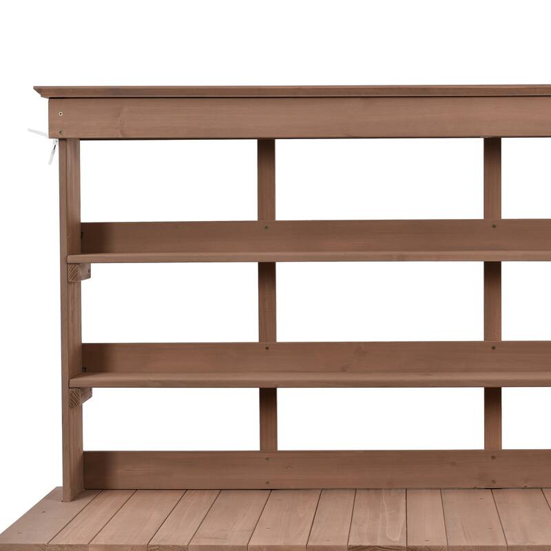 66" Large Outdoor Wooden Potting Bench Table, Garden Workstation with 2 Drawers, Cabinet Open Shelves for Backyard