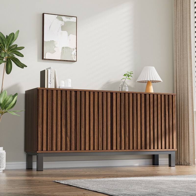 Fluted Sideboard Buffet Cabinet with 4 Doors, Modern Storage Credenza with Adjustable Shelves for Dining Room & Entryway