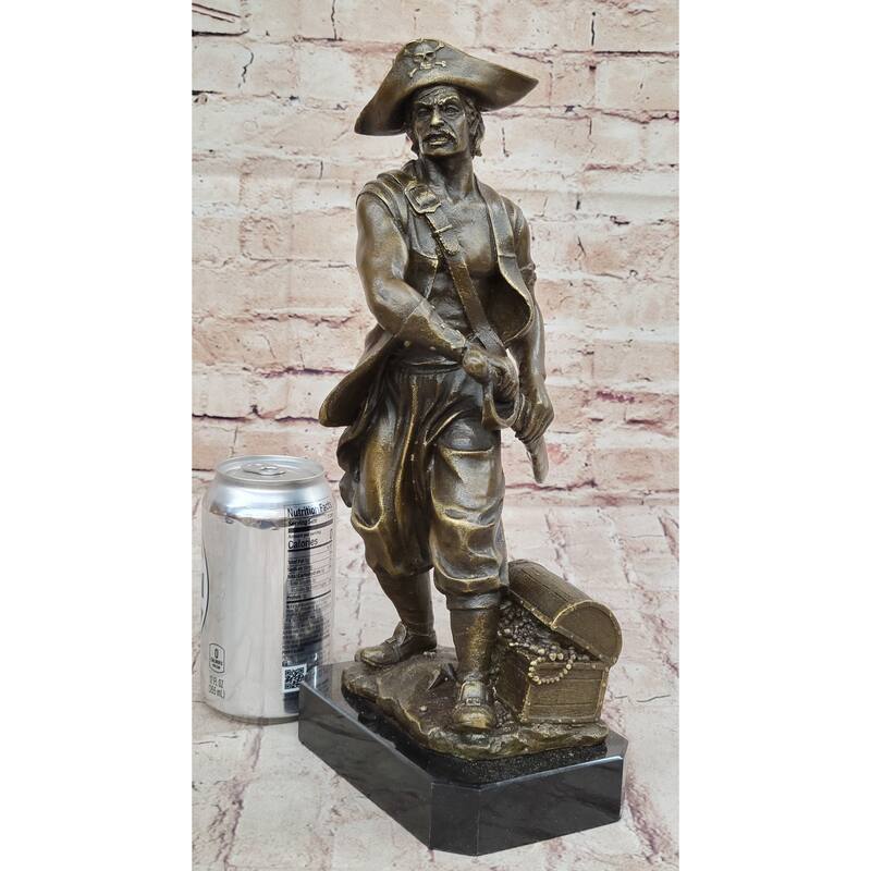 Swashbuckler Pirate Bronze Figure Statue Sculpture W/ Treasure Chest 13 Inches X 6 Inches