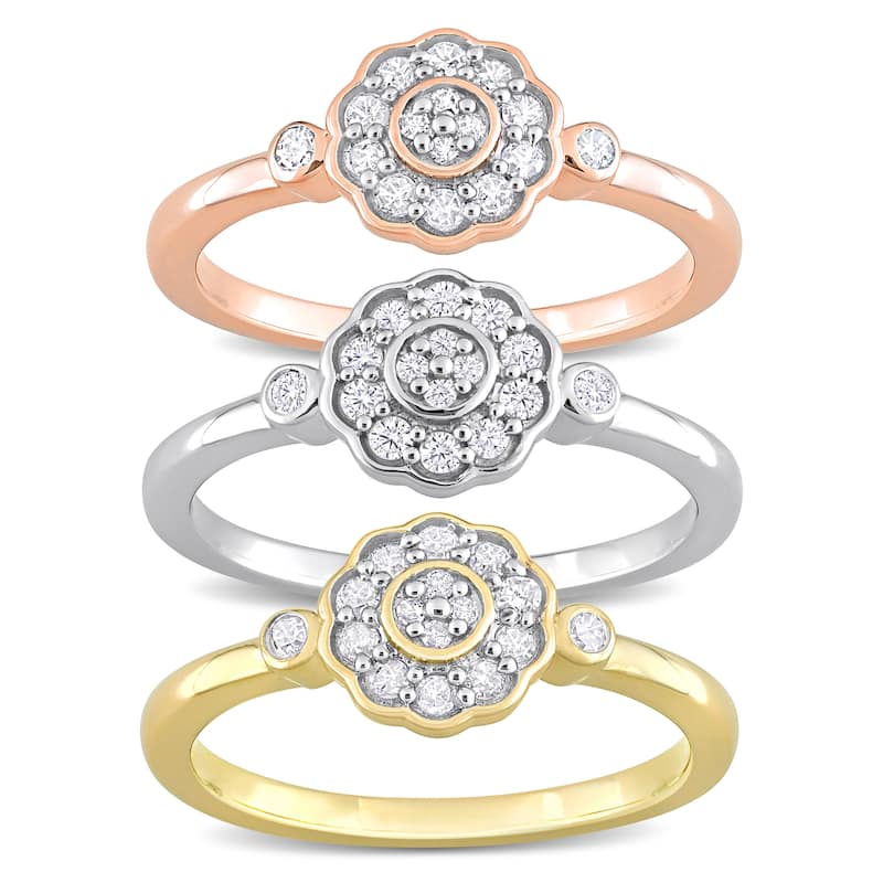 Miadora 3-Piece Set 5/8ct TW Diamond Flower Rings 3-Tone Rose Yellow White Sterling Silver