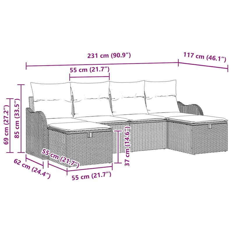 vidaXL 6 Piece Garden Sofa Set with Cushions Black Poly Rattan - 90.9×46.1×27.2