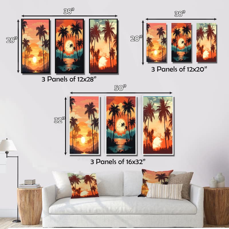Designart "Sun Setting over Palm Trees Retro Illustration II" Meadow Yellow - Printed Art Set Of 3 For Bedroom
