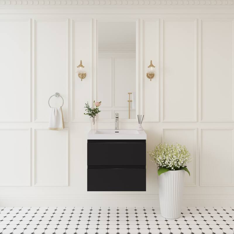 Modern Wall-Mounted Bathroom Vanity with White Solid Surface Top - 23.62'' x 19.69'' x 22.44'' - Black