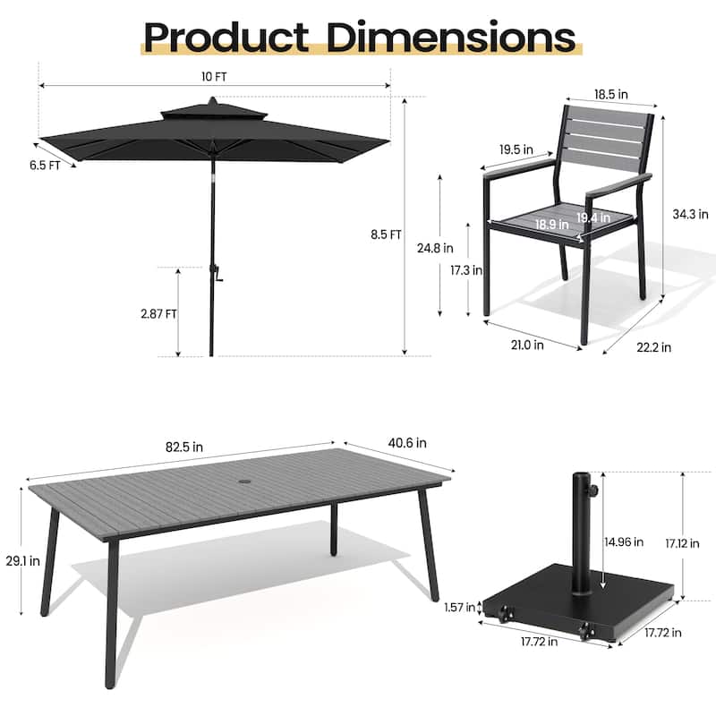 11PC Outdoor Patio Dining Set Aluminum Table with Stackable Armchairs w/ Premium Market Umbrella Sets