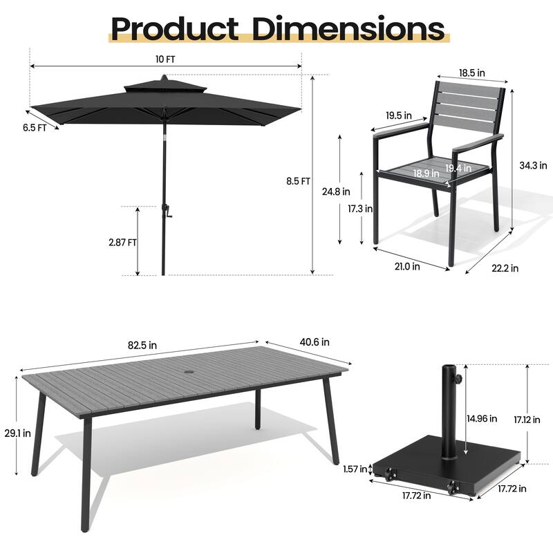 11PC Outdoor Patio Dining Set Wood-Like Aluminum Table with Stackable Armchairs,Double Top Market Umbrella and Wheel Base