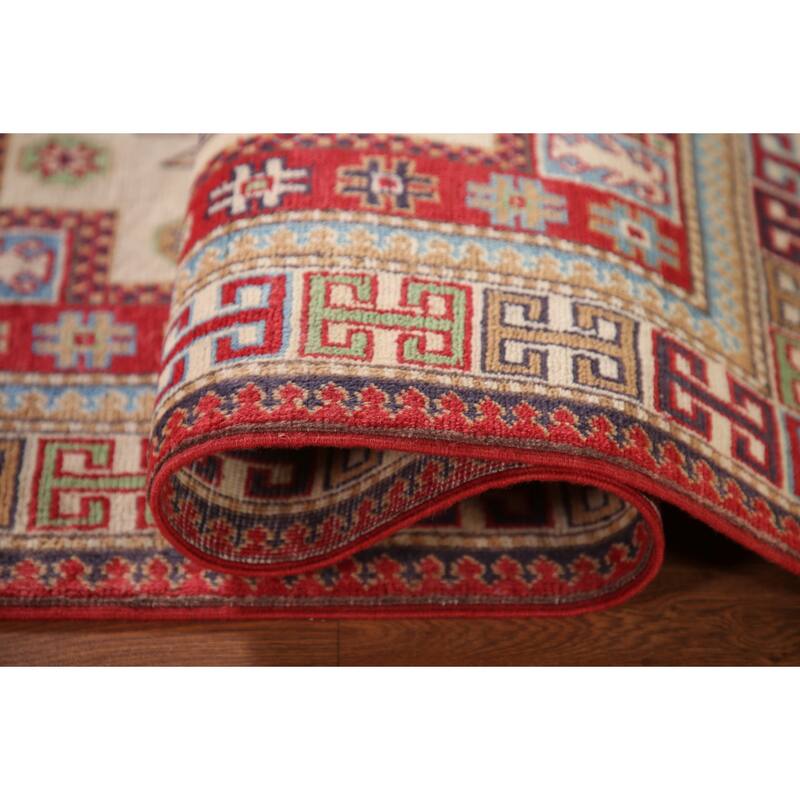 Geometric Beige Kazak Oriental Accent Rug Handmade Wool Carpet - 3'1"x 4'8"