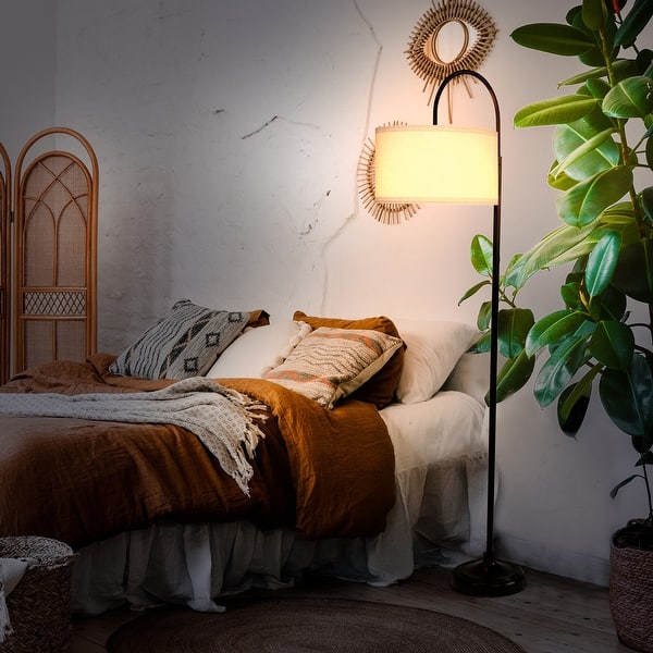 Classic Black Mid-Century Modern Height Adjustable LED Floor Lamp with White Fabric Drum Shade
