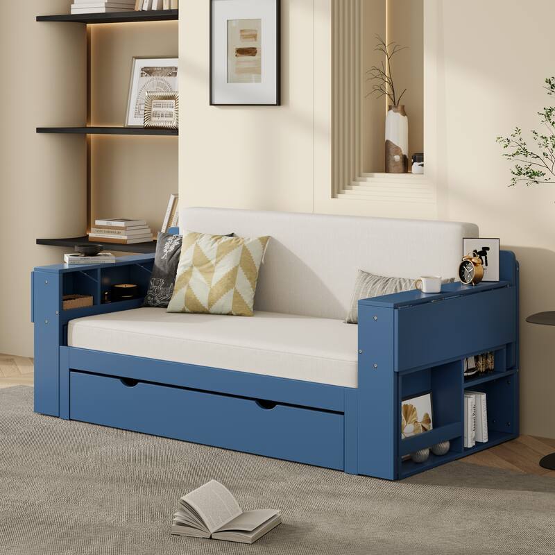 Full Size 4-in-1 Daybed with Desk Storage Drawers Hydraulic Armrests - Blue