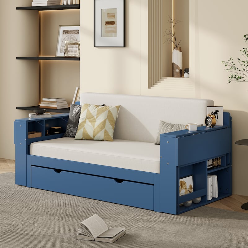 Full Size Daybed with Removable Desk, Storage Drawers & Hydraulic Side Table - Blue