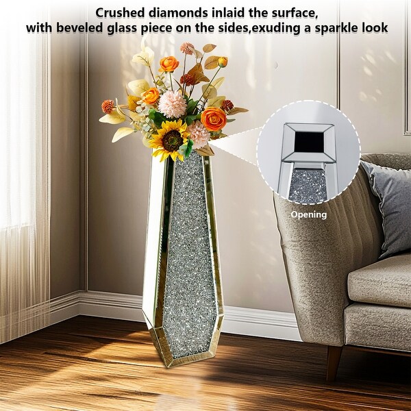 Glam Tall Floor Vase, Crushed Diamonds, Silver Mirrored - Bed Bath