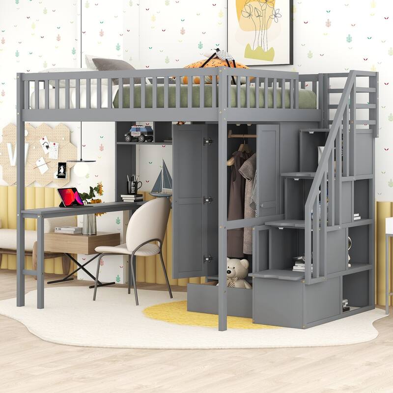 Loft Bed with Bookshelf,Drawers,Desk,and Wardrobe