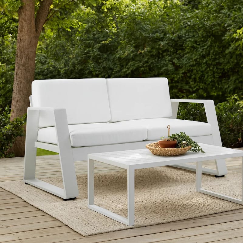 Xia 57 Inch Outdoor Sofa, White Aluminum, Fade Resistant Fabric Cushions