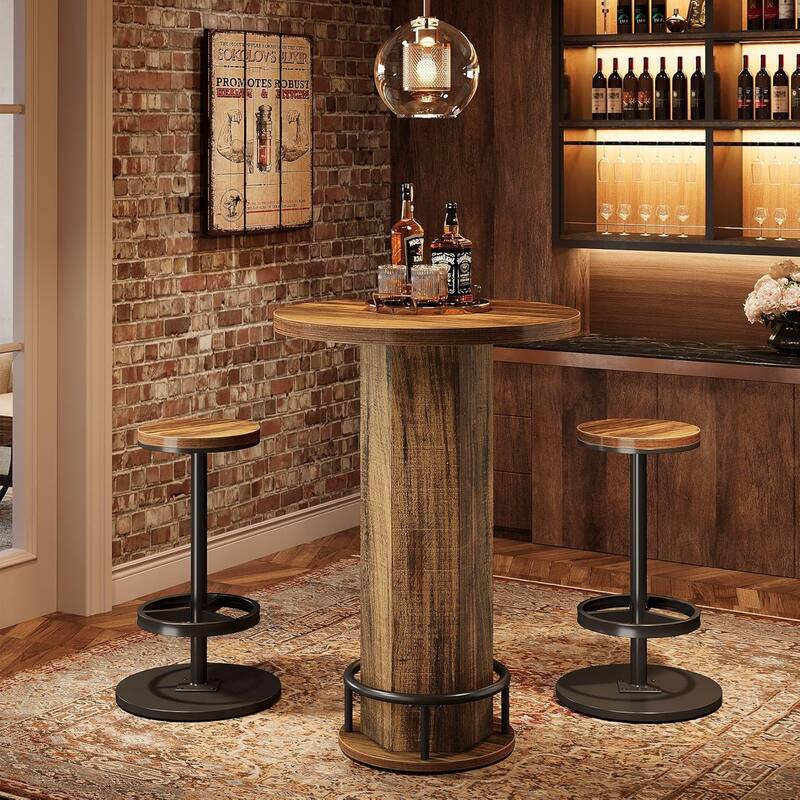 Round Bar Table with Chairs, Industrial Bistro Pub Sets with 2 barstools - 11.42" L x 11.42" W x 25.59" H