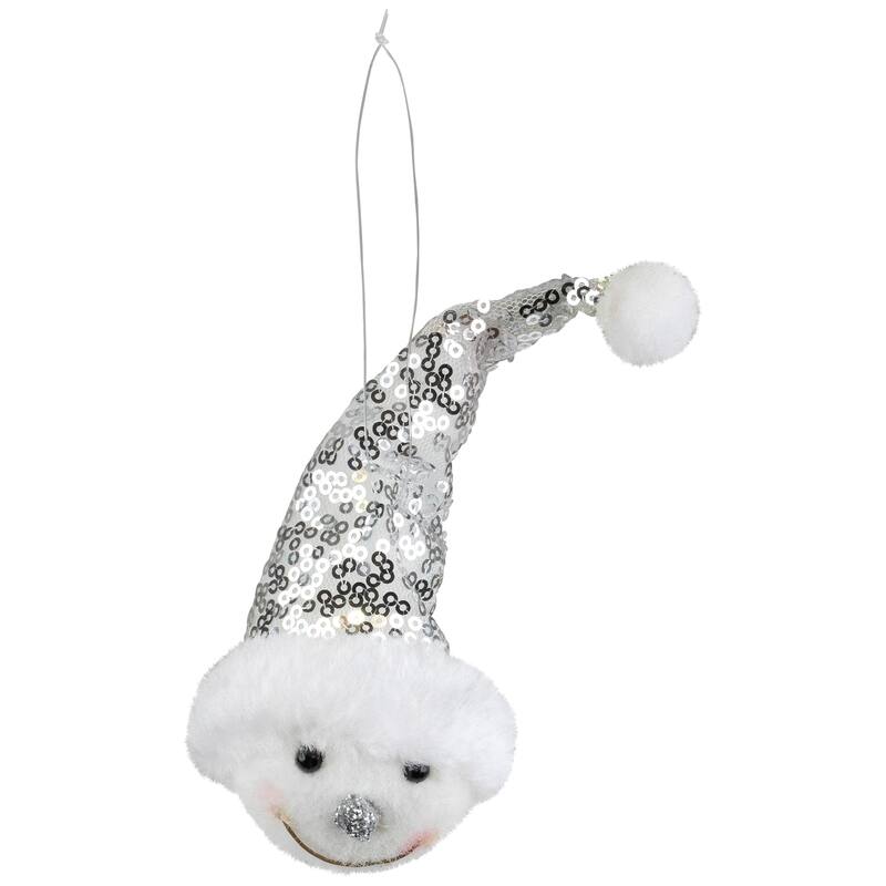 6" Smiling Snowman Head Wearing a Silver Sequin Santa Hat Ornament