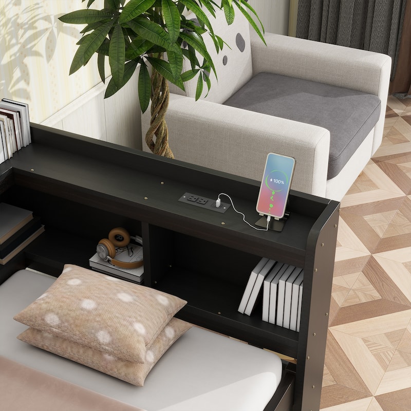 Corner Daybed Bookcases Bed with Power Outlets and Charging Ports, L-Shaped Storage Bed Frame Captains Bed with 2 Drawers
