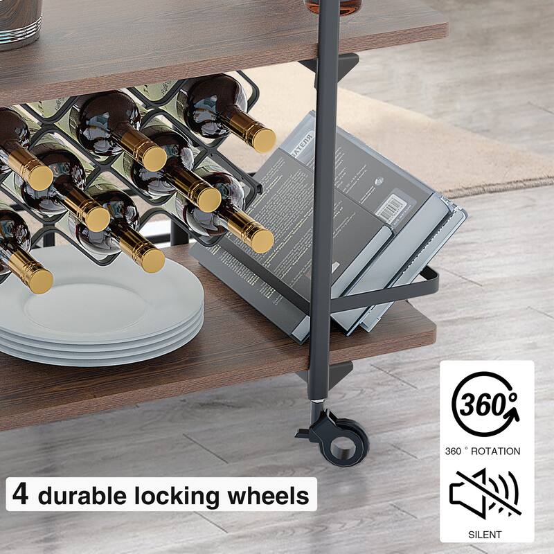 Modern Industrial 3-tier Bar Cart with Wine Rack