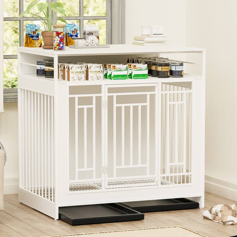 43.3" Dog Crate Furniture for Large Dogs, Wooden Dog Crate with Divider, 2 Door Dog Kennel with 3 Drawers Storage