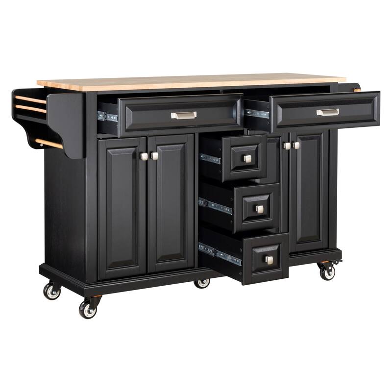 Kitchen Island with Rubber wood Countertop, Kitchen Cart on 5 Wheels with Storage Cabinet and 5 Drawers for Dinning Room