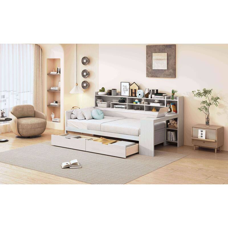 Full Size Wooden Daybed with Storage Drawers and Built-in Study Desk - Multi-functional Bed in Antique White