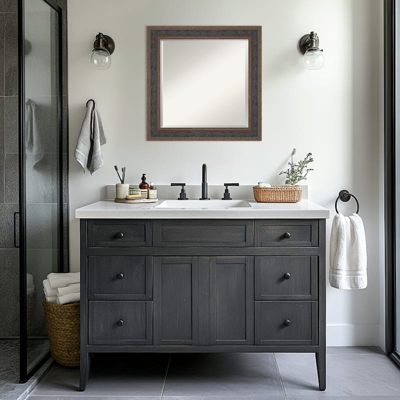Attic Aged Beveled Wood Framed Bathroom Vanity Wall Mirror