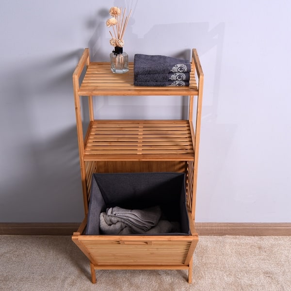 Bathroom Laundry Basket Bamboo Storage Basket with 2tier Shelf Bed