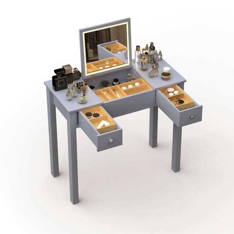 Small Flip Top Makeup Table with LED Lights, Mirror, 2 Drawers