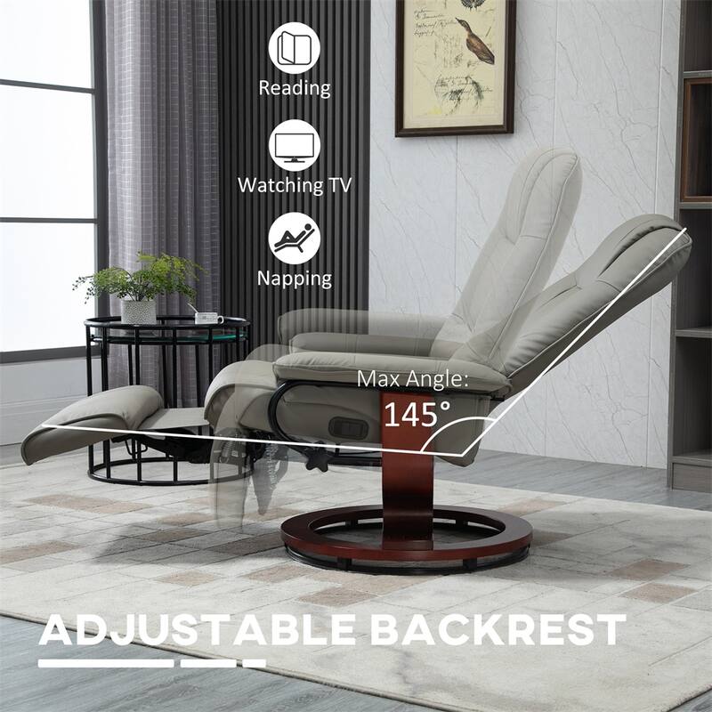 Swivel Leather Manual Recliner with Armrest and Extendable Footrest