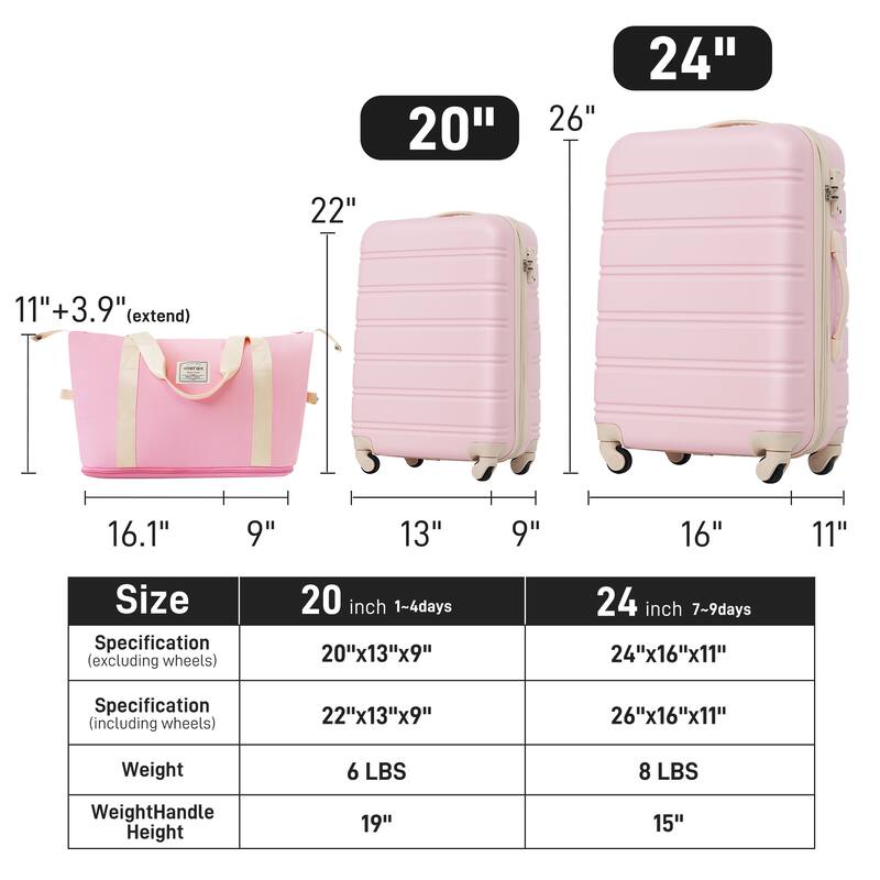 3-Piece Modern Hardshell Luggage Sets, 20''+24'' Suitcase+Bag, Lightweight Luggage with Spinner Wheels and TSA Lock