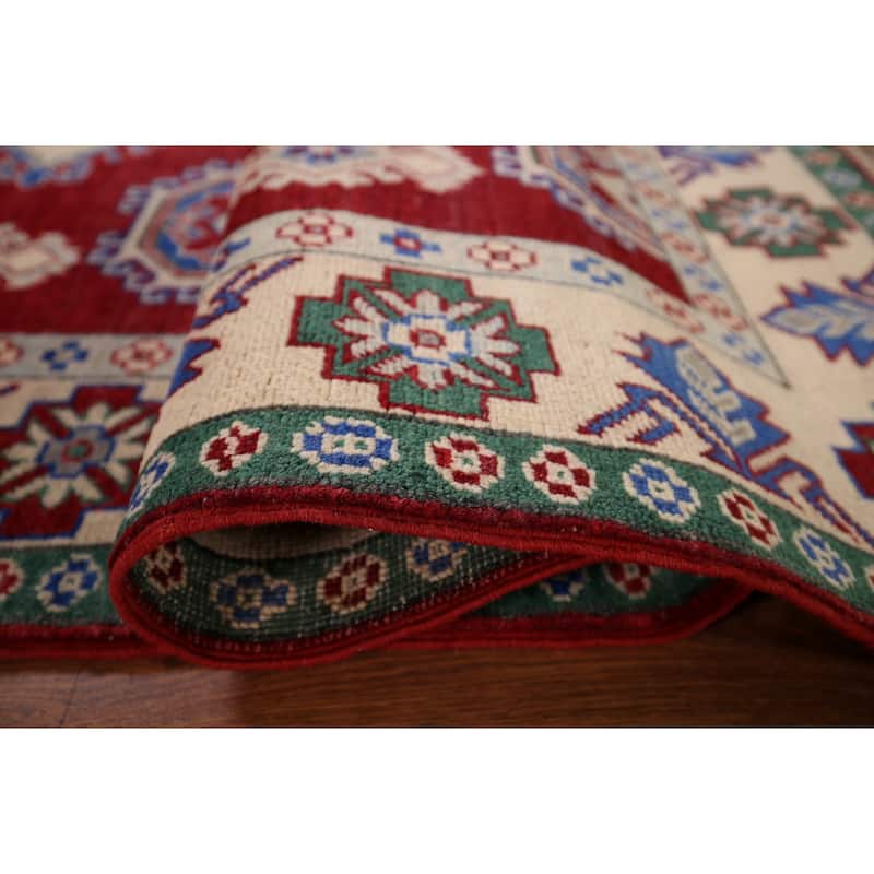 Red Geometric Kazak Rug Hand-Knotted Wool Carpet - 5'3" x 6'5"