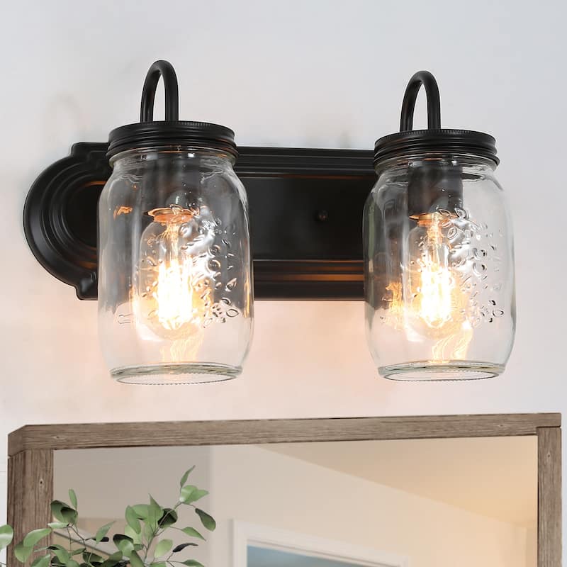 Modern Farmhouse 2-Light Vanity Light Mason Jar Glass Wall Sconces - 14" L x 8.5" H
