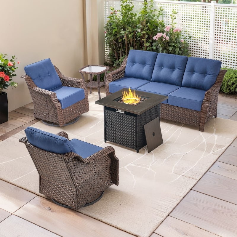 5-Piece Sofa Swivel Chairs with 30 Inch Fire Pit Table - Brown Wicker & Blue Cushion