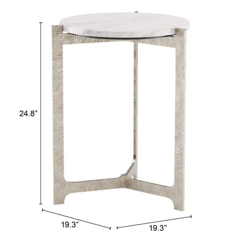 25-Inch White Marble and Silver Round End Table with Cross Legs Design - 20" x 20" x 24.80"