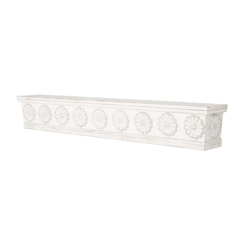 Wooden Floral Wall Shelf with Brown Distressing - White - Roche River Decor