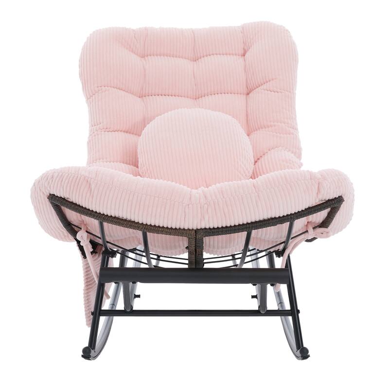 HOMEFUN Corduroy Upholstered Egg Shaped Design Steel Frame Rocking Chair with Side Pocket and Foot Pedal