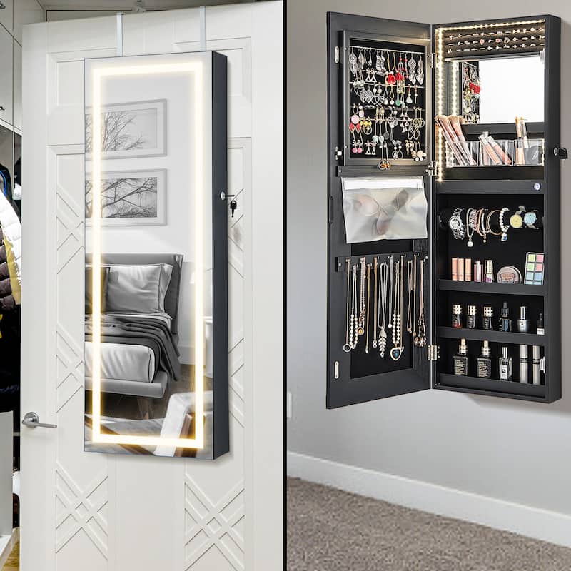 Gymax LED Mirror Jewelry Cabinet Wall/Door Mounted Organizer Armoire